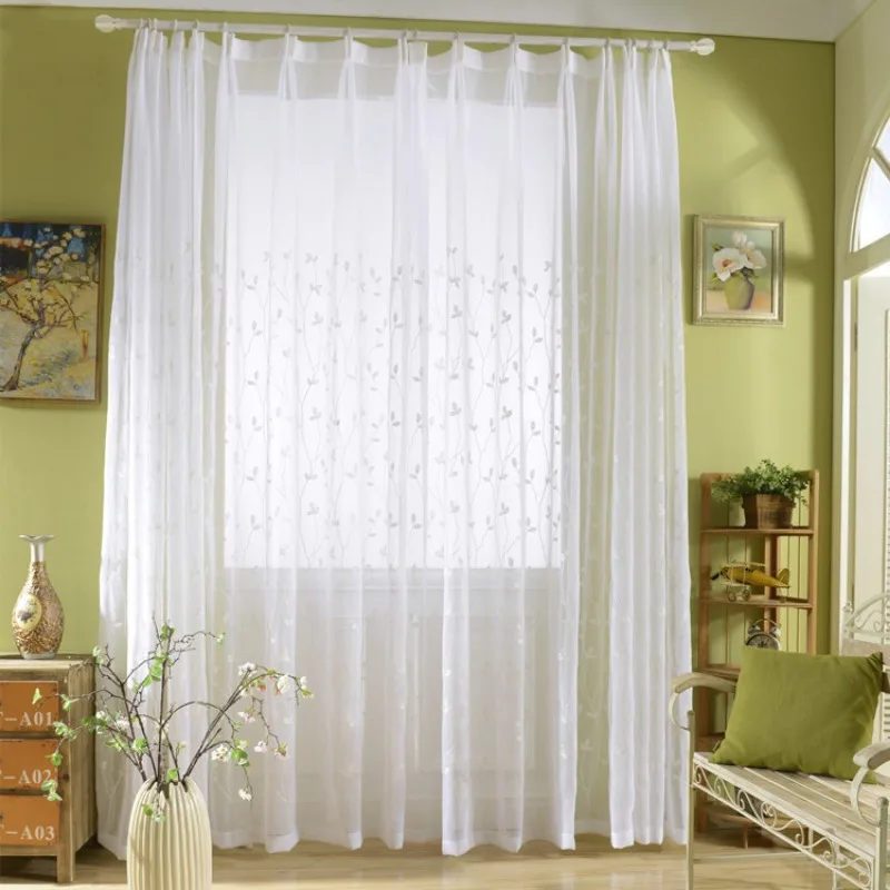 

Window Screen White Embroidered Branches and Leaves Bay Window Tasteful Textile Curtains for Living Dining Room Bedroom