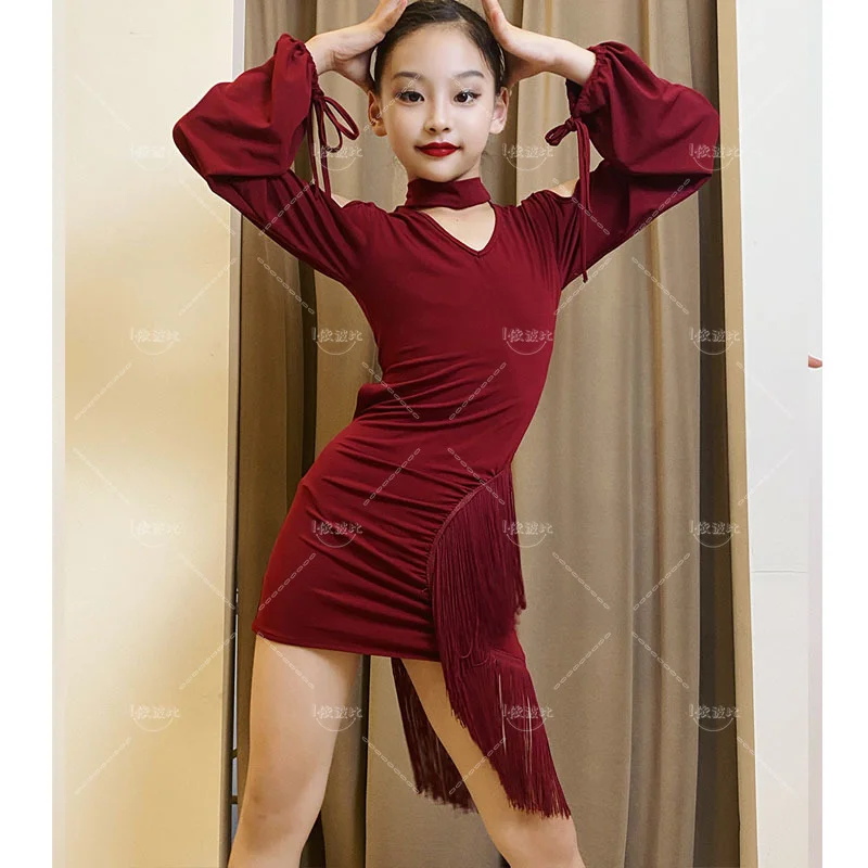 Autumn and Winter New Latin Dance Suit Children's Female Training Suit Foreign Style Off Shoulder Dance Suit Table Performa