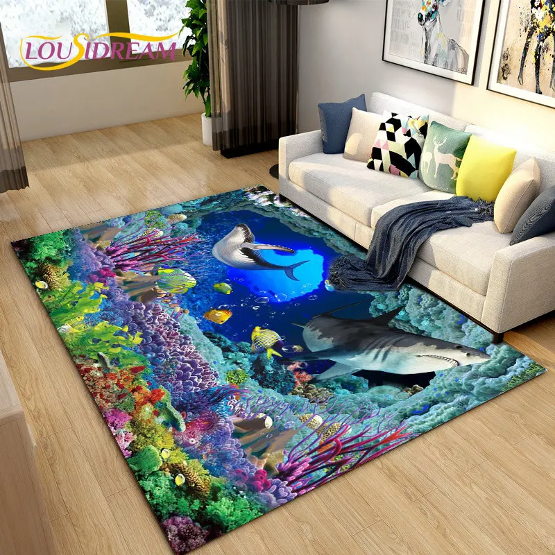 

Underwater World 3D Seabed Illusion Dolphin Shark Area Rug,Carpet Rug for Living Room Bedroom Sofa Doormat,Non-slip Floor Mat