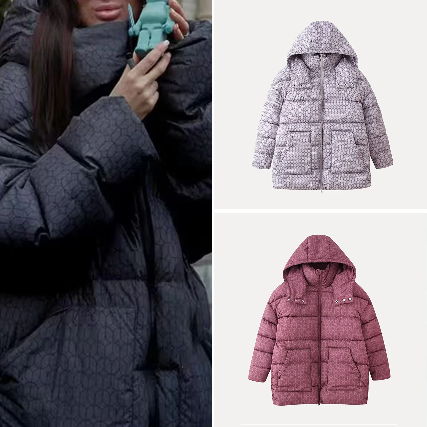 

Ele Long Sve Printed Coat for Women Hooded Winter Outerwear Versatile Simple Design Z Brand Ladies Faion