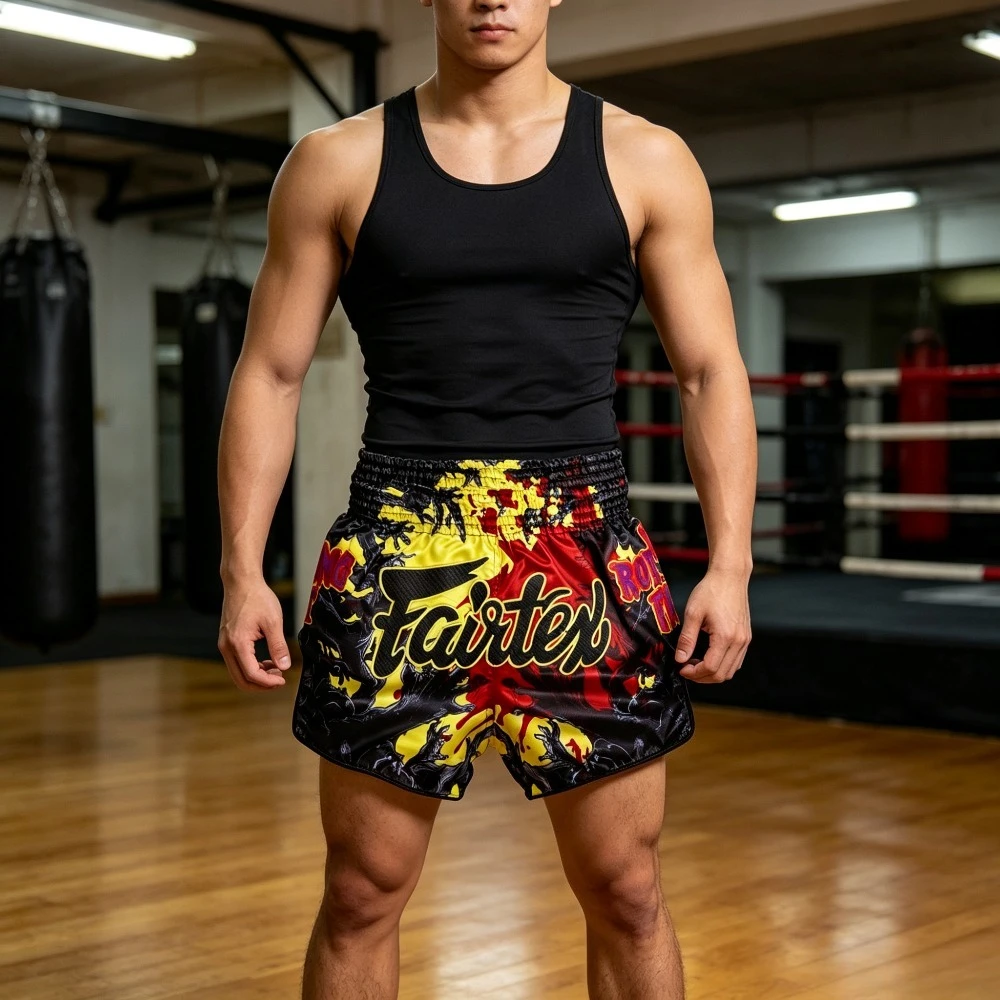 Men Muay Thai Shorts Graphic Print Kickboxing Boxing Fight Shorts Elastic Waist Training Fighting Sports Short Pants
