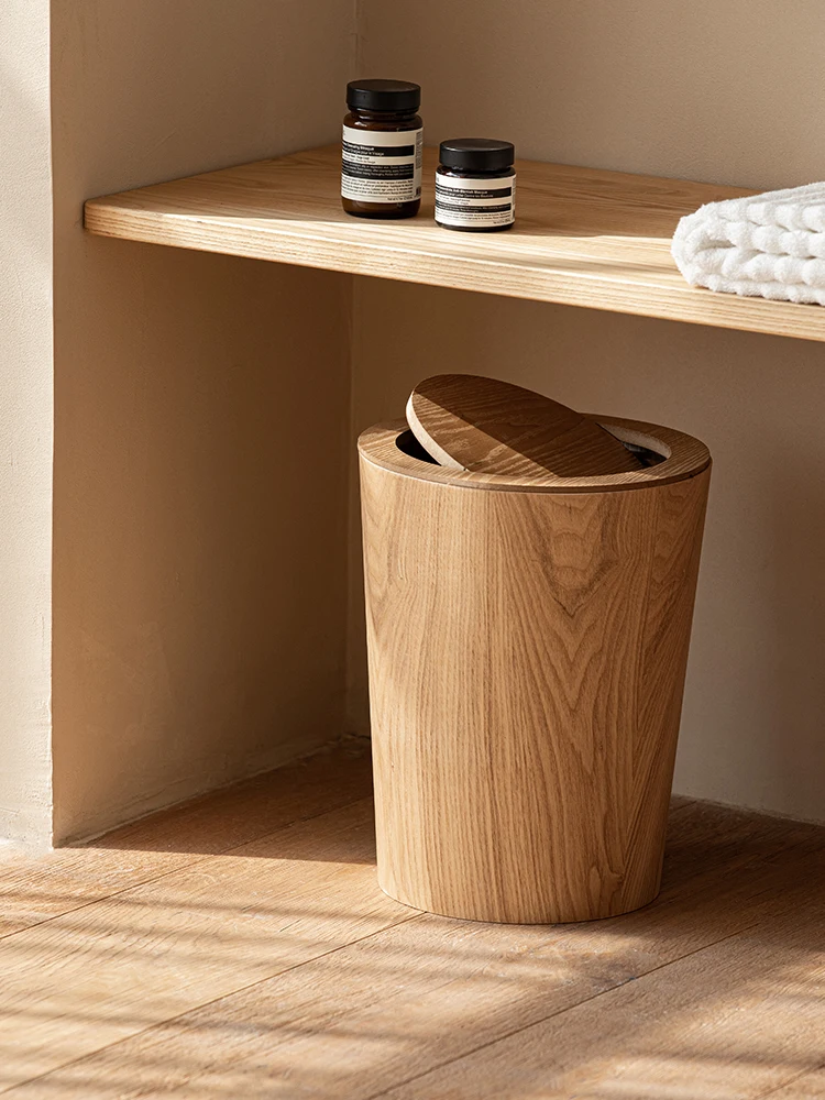 Wooden Wastebasket Minimalist Trash Bin Creative Garbage Bin Nordic Waste Storage Living Room Bedroom with Lid Flip Paper Basket