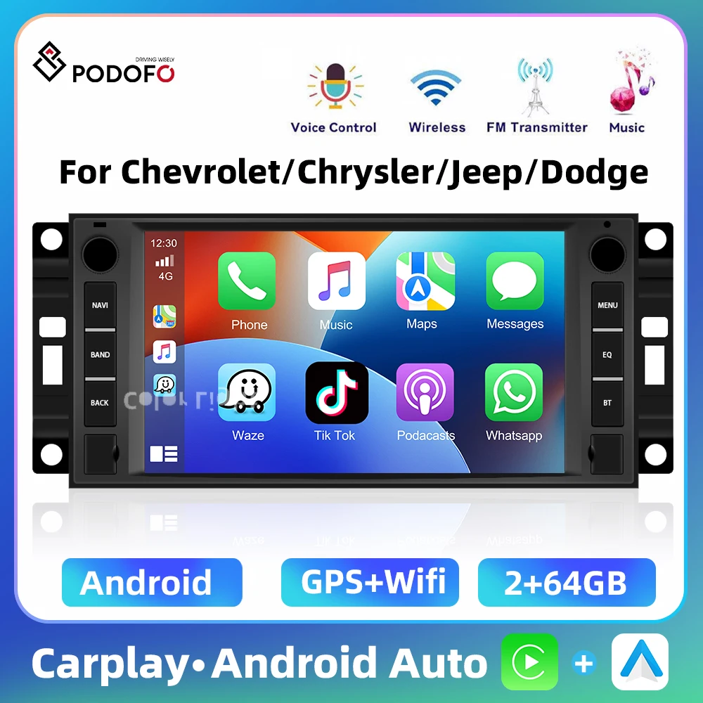 Podofo 7'' 2+64G Car Radio For Chevrolet/Chrysler/Jeep/Dodge Multimedia Player Carplay Android Auto FM GPS Navigation Car Audio