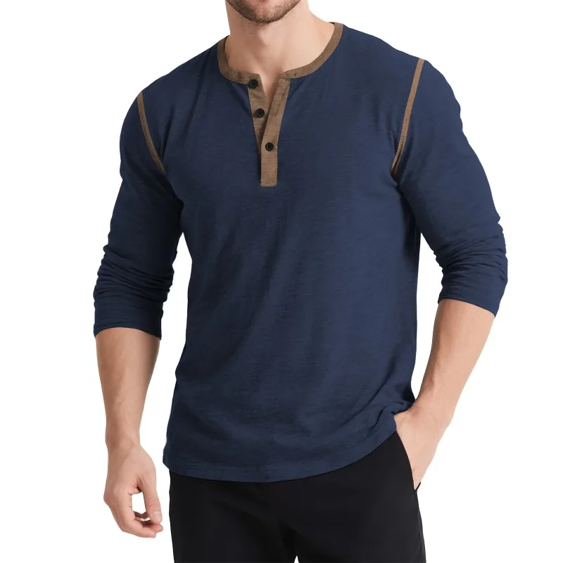 

Men's Autumn and Winter Long-sleeved Men's Retro T-shirt Three-button Color Block Henley Shirt