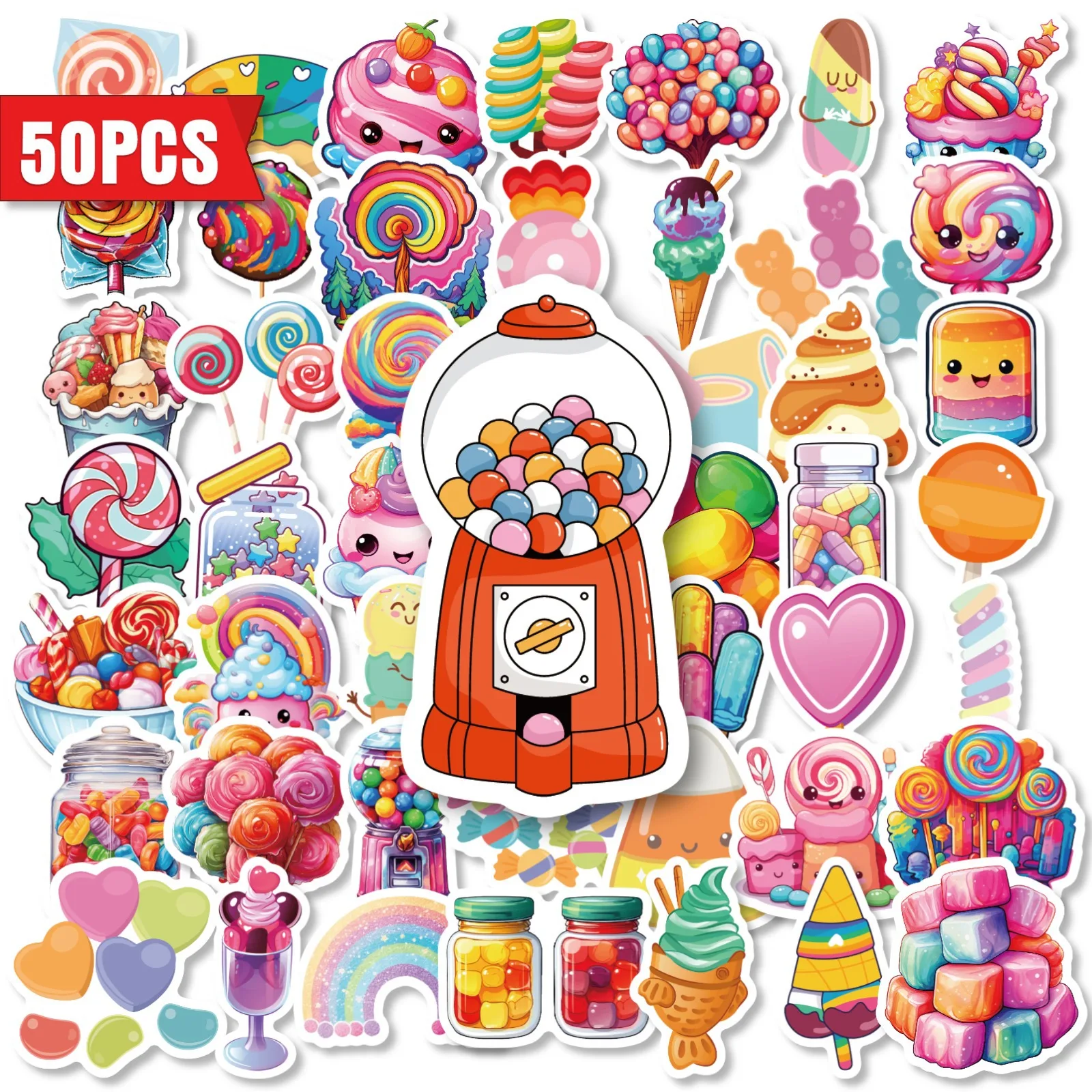50 Pcs Aesthetic Colorful Lollipop Candy Dessert Doodle Stickers, Waterproof DIY Decals for Journals & Water Bottles