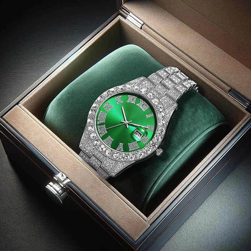 

1pcs Men's Silver-Green Vintage Elegant Calendar Quartz Watch with Starry Dial