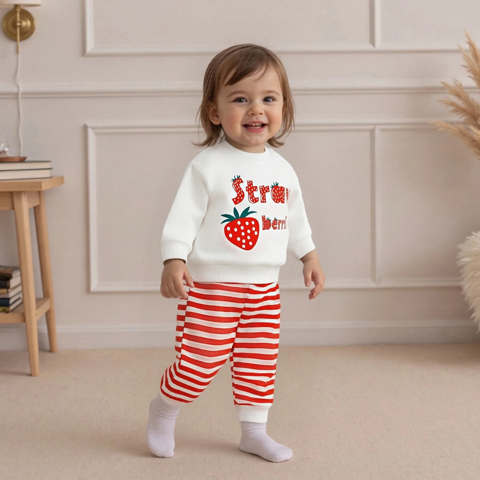 

Baby Girl 2Pcs Fall Outfits Long Sleeve Strawberry Letter Print Tops + Pants Set Toddler Clothes
