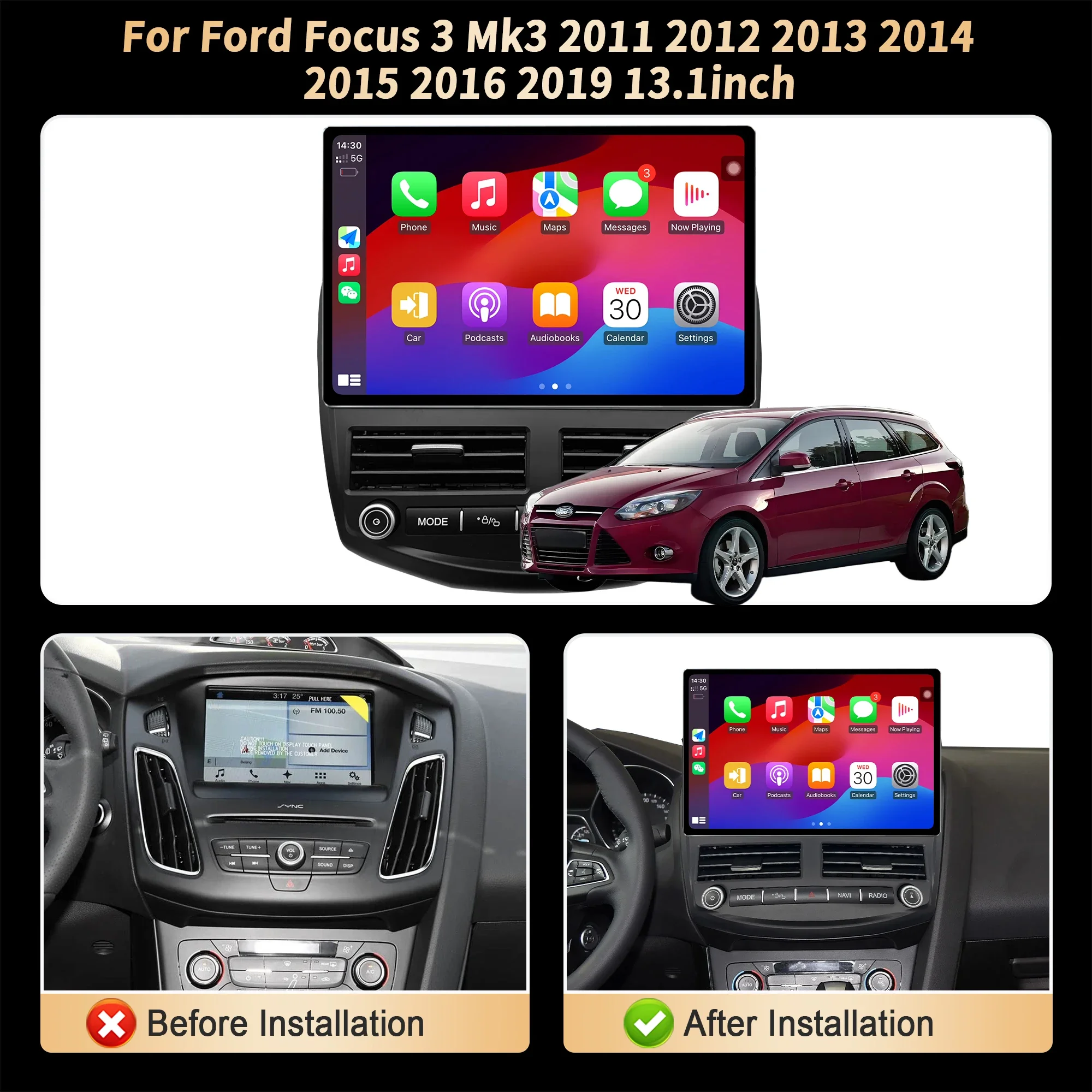 13.1” For Ford Focus 3 Mk3 2011 2012 2013 2014 2015 2016 2019 Car Radio WirelessCarplay GPS Multimedia Touch QLED Screen Stere