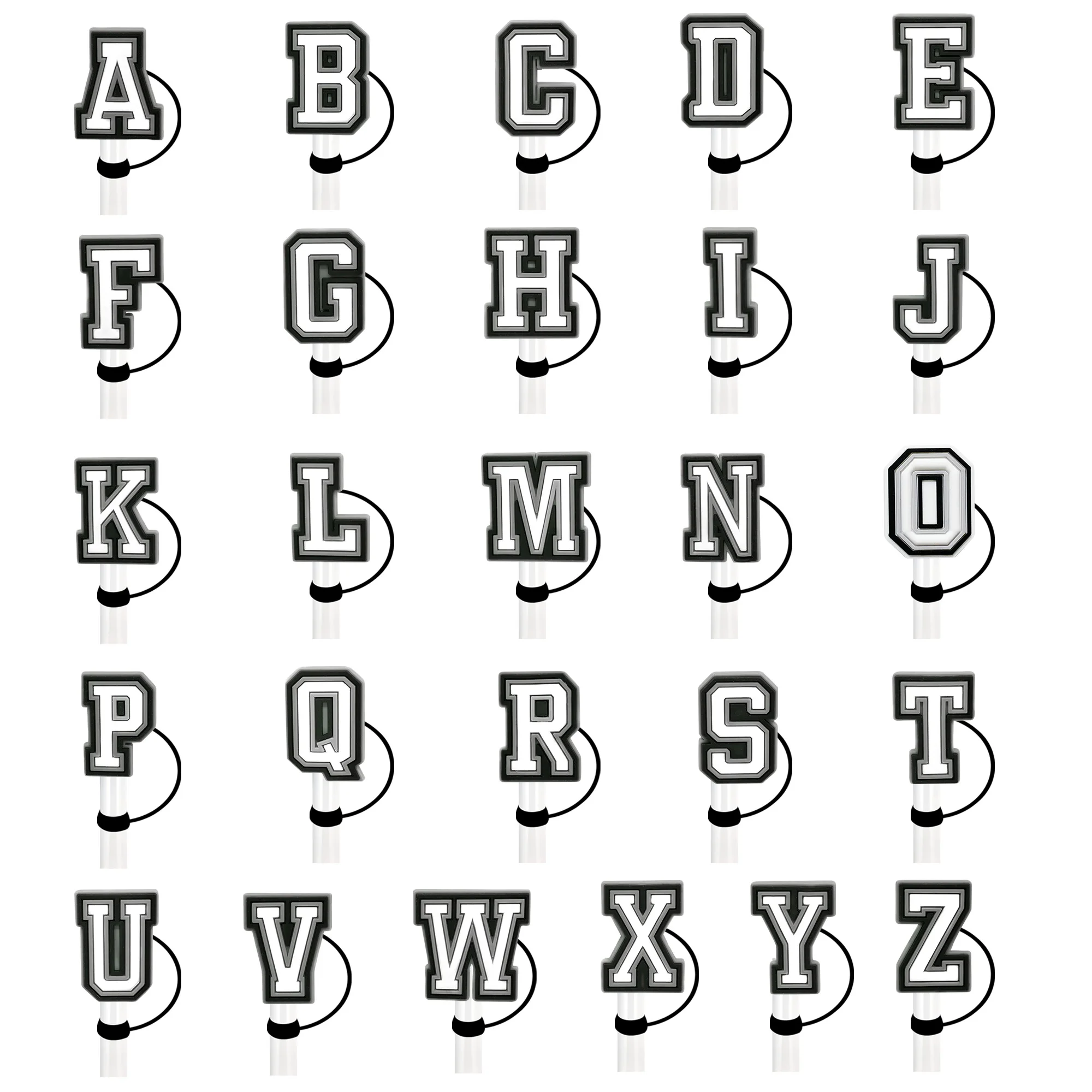 1–26 Stück schwarz-weiße englische Buchstaben, Alphabet, Stroh-Abdeckkappe, Stanley Cup, wiederverwendbar, 10 mm Stroh-Topper, kompatibel mit 30 und 40 Unzen