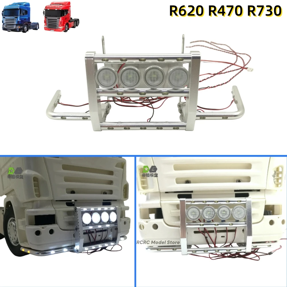 RC Toy Truck Front Bumper With Lights Grille Guard For Tamiya Scania R620 R470 R730 1/14 RC Tractor Tipper Truck Upgrade Parts
