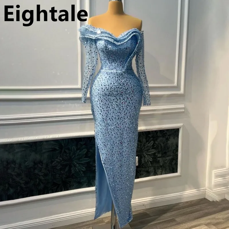 

Customized Sparkle Sequins Long Sleeve Off Shoulder Evening Dresses For Wedding Party Formal Prom Dress Dubai Party Gown