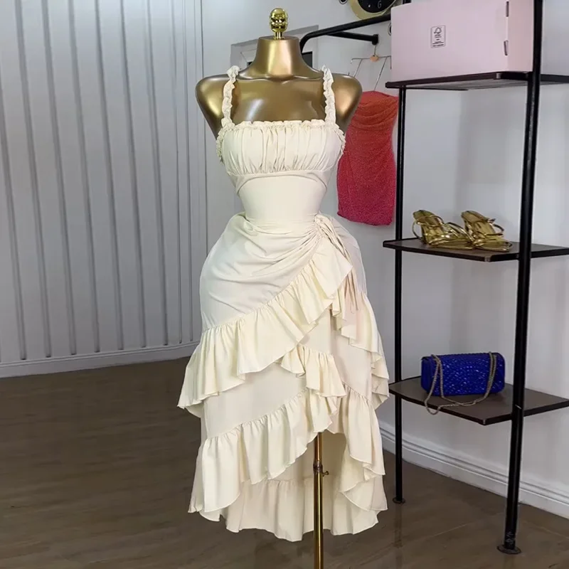Women Strap Slash Neck Cascading Ruffles Drawstring Ruched Up Long Maxi Dress 2025 Birthday Evening Sexy Dresses Vestido