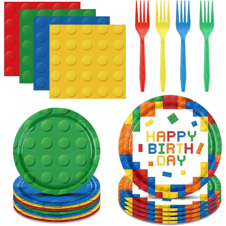 

96PCS Building Blocks Birthday Party Supplies Building Blocks Themed Party Decorations Colorful Paper Plates pkins Forks Set fo