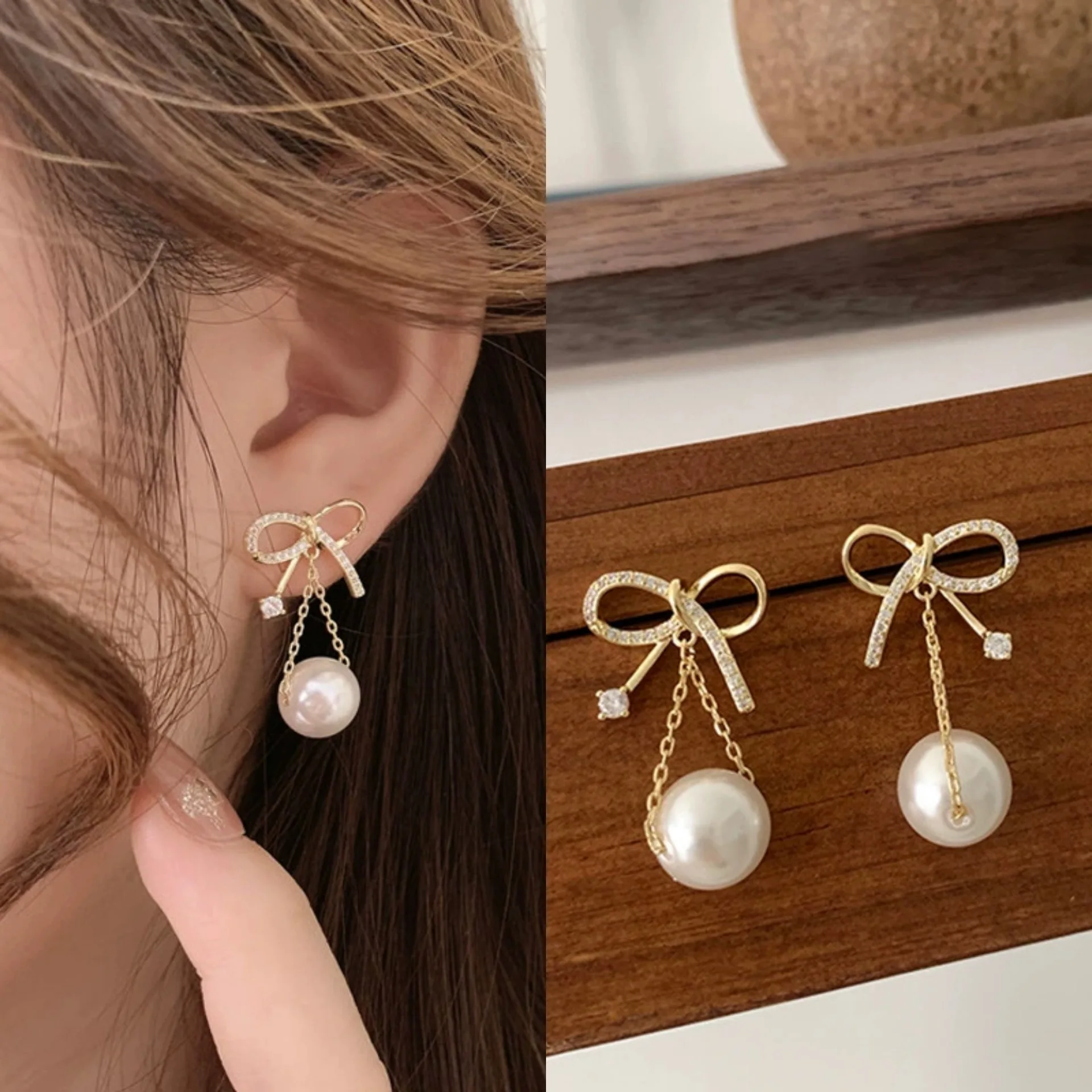 

Light luxury S925 silver needle bowknot imitation pearl earrings for women