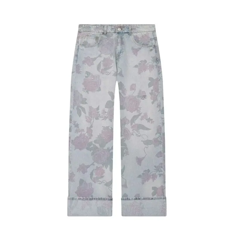 Low Waist Straight Leg Printed Jeans Women's Summer New Arrival Fashion Trousers Cuffed Denim Pants Ladies Premium Quality
