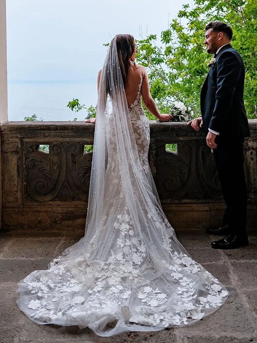 Vestido De novia De sirena con escote en V profundo, Sexy, bohemio, sin mangas, con apliques De encaje, Vestido De novia con espalda descubierta y cremallera