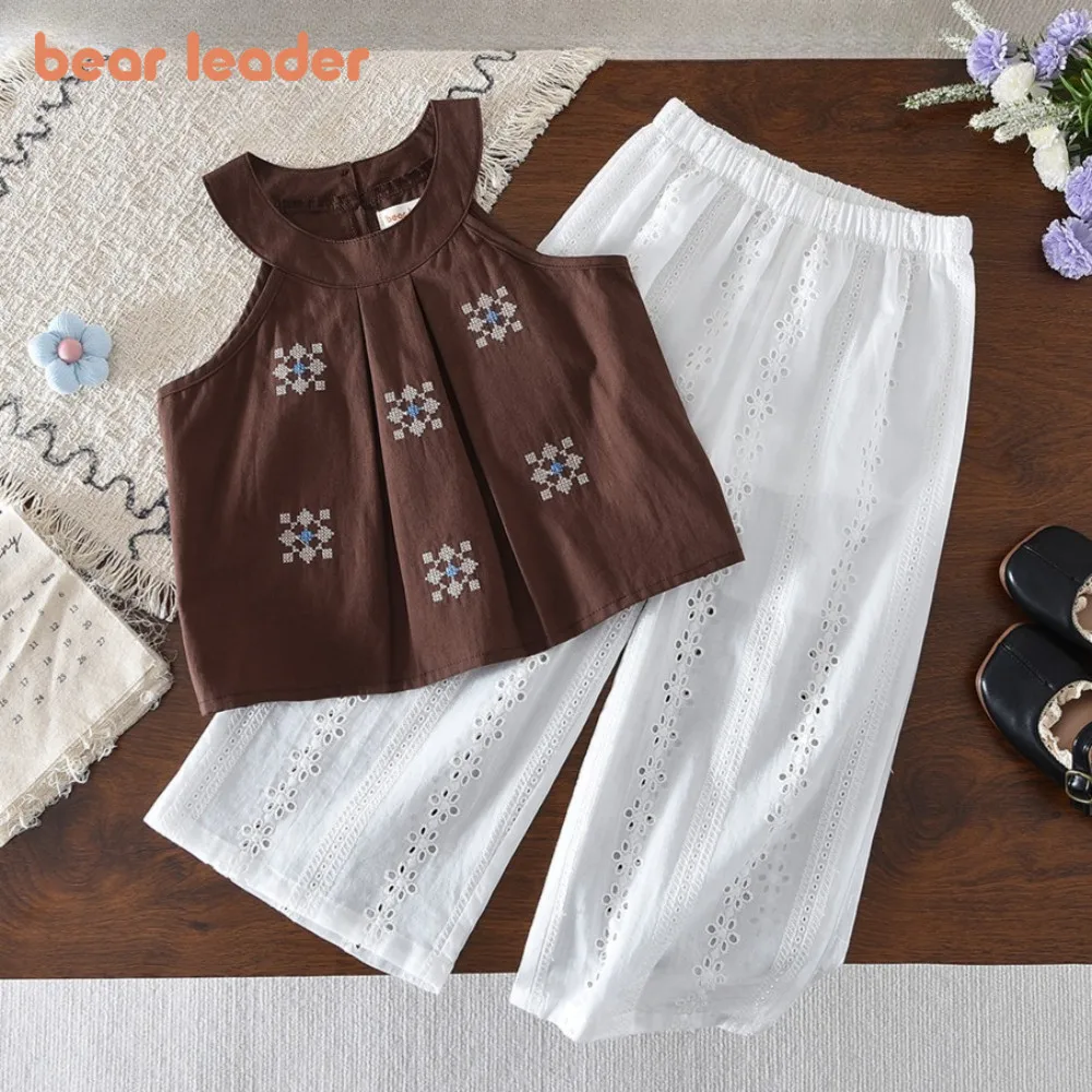 

Bear Leader Summer Korean Street Style Girls' Clothing Coffee Colored Flower Printed Sleeveless Top + White Pants Two-piece Set