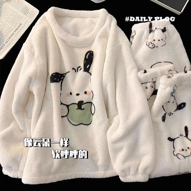 Pochacco Autumn and Winter Coral Plush Pajamas Women\'s Cartoon Plush Thickened Cute New Student Home Fur Two Piece Set