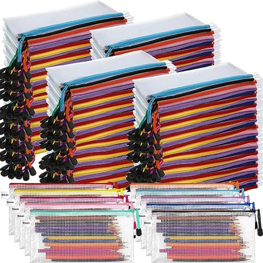 

200 Pcs 9.45 x 4.5'' Mesh Zipper Pouch Bulk 10 Colors Pencil Pouch Bulk Waterproof Clear File Bags Plastic Pencil Bags for Scho