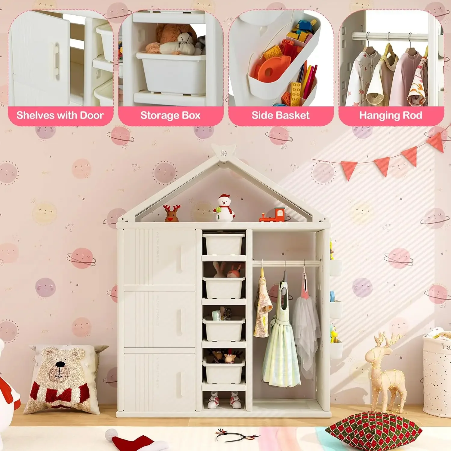 Closet, Children Pretend Dresser Wardrobe, Open Hanging Armoire Closet with Storage Bins, Shelves, Side Baskets, Dress Up Center