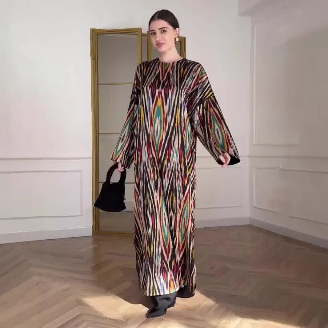 Spring Fall Sun Protection Printed Long Dress Women Urban Casual Loose Round Neck Long-Sleeved Dress European American Style