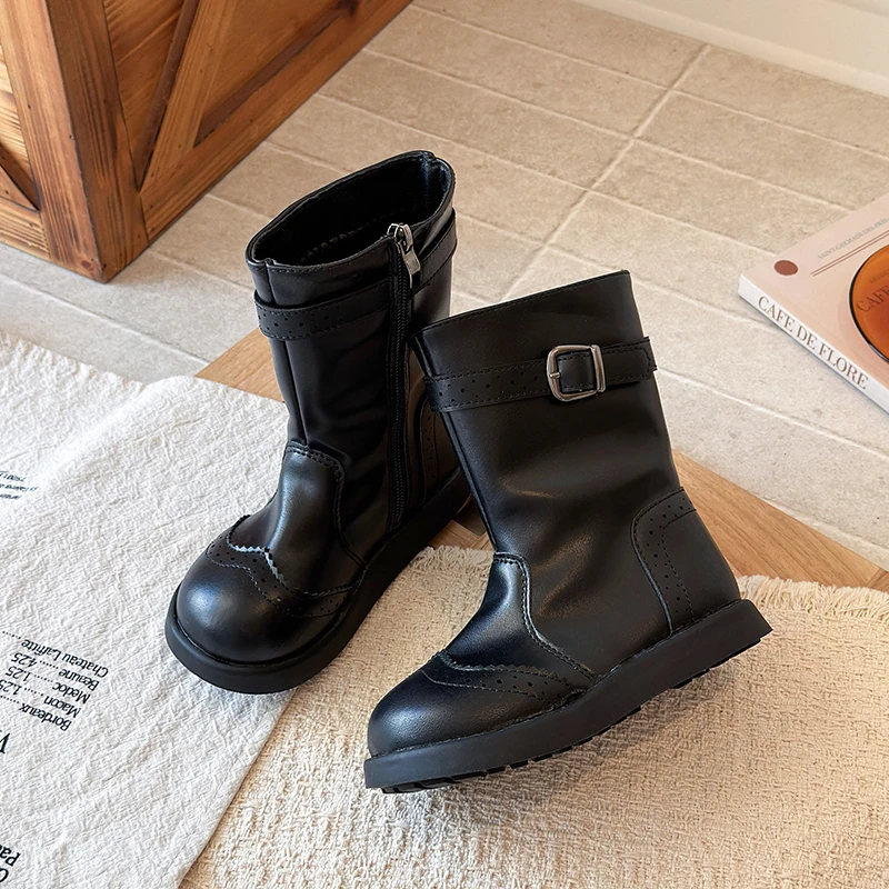 Girls British Style Leather Boots 2026 New Winter Toddler Chunky Mid-calf Boots Non-slip Classic Carved Back To School Boots