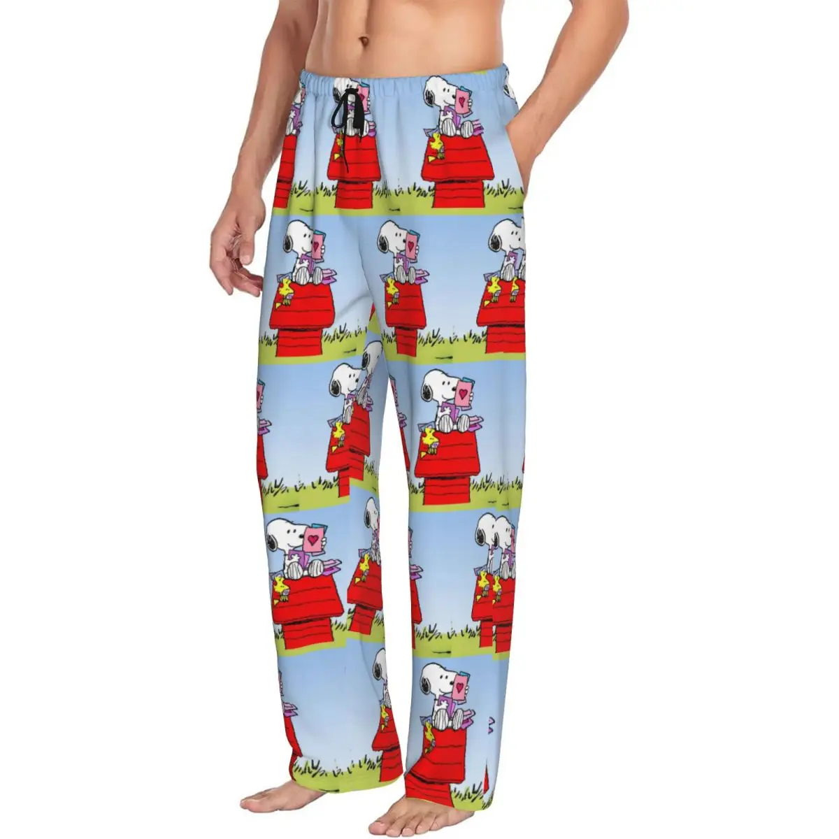 Custom S-Snoopys Read On The Roof Pajama Pants for Men Comic Classical Sleepwear Lounge Sleep Bottoms Stretch with Pockets