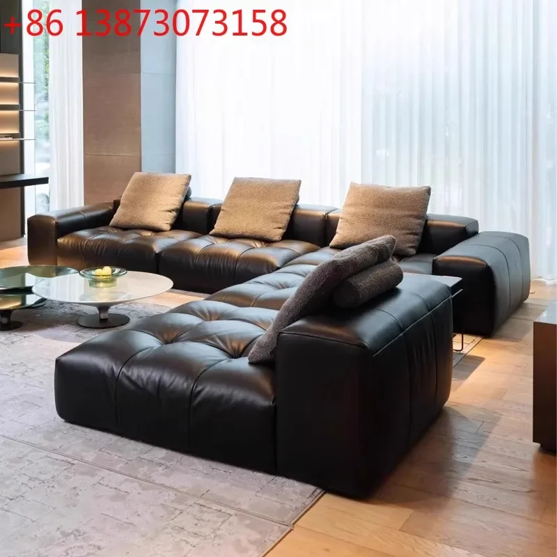 Italian minimalist pixel leather sofa living room black first layer cowhide high-end leather art