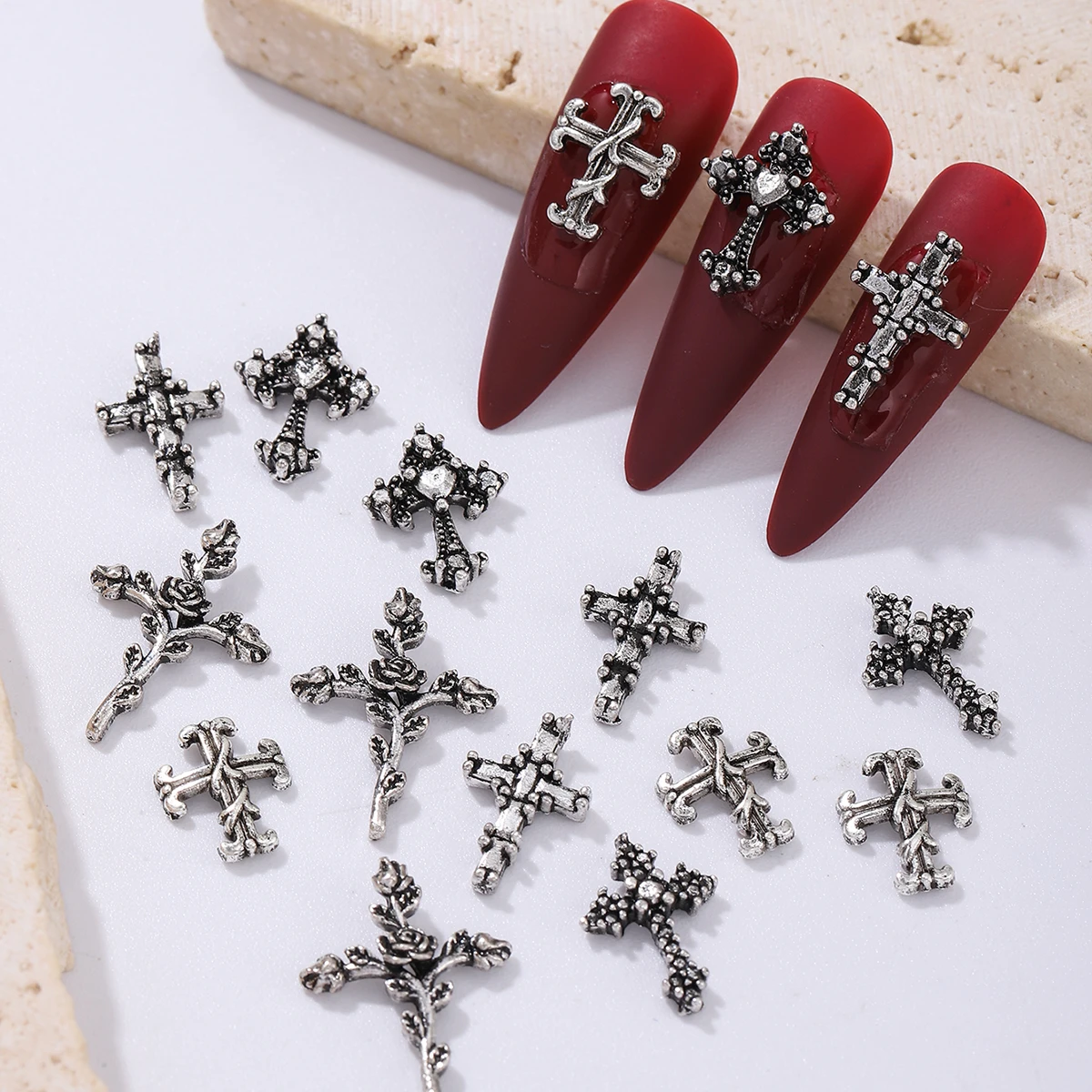 50pcs ancient silver punk wind cross nail decoration, alloy rhinestone, y2k metal style DIY nail styling decoration