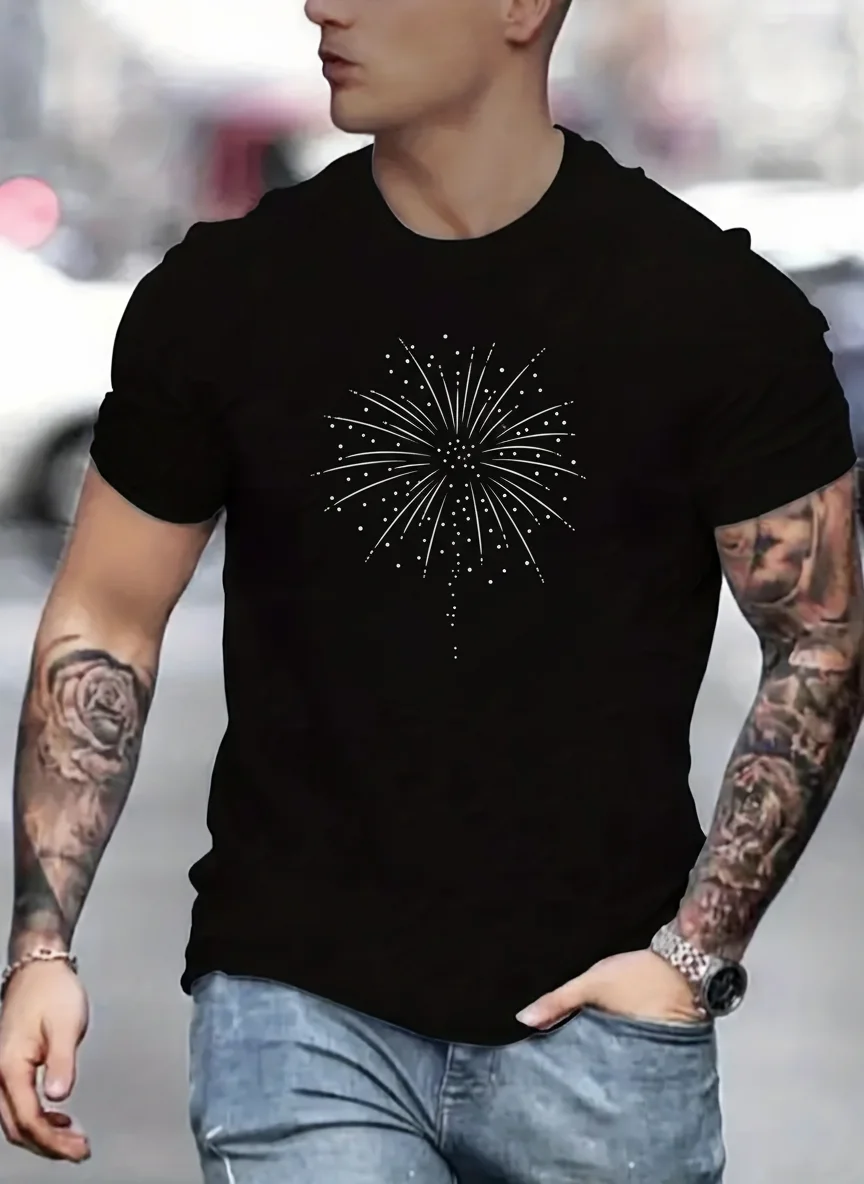 

Men's Fireworks Graphic Tee Stylish Print Crew Neck Short Sleeve T-Shirt Casual Summer Top Versatile Unisex Tee Trendy