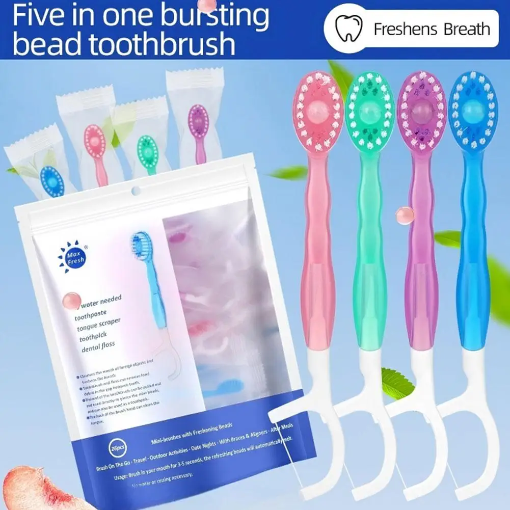 Five-in-one bursting bead Disposable Cleaning Toothbrush Includes Mouthwash Portable Travel Toothbrush With Dental Floss