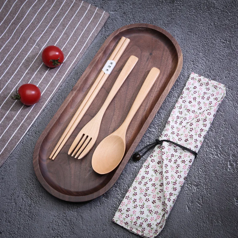 Portable Wood Tableware Kitchen Wooden Cutlery Sets Travel Dinnerware Suit Environmental with Cloth Pack Gifts Set