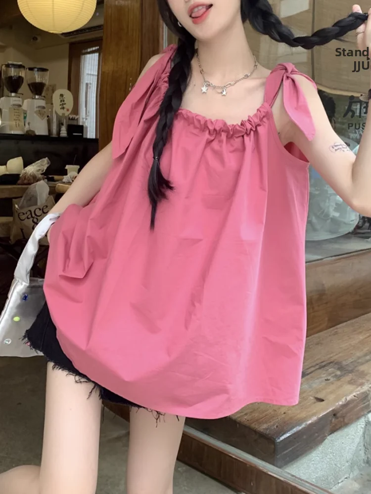 

Loose Fit Dstring Svel Chiffon Top Women's Summer Cover up Vest Top Doll irt Korean Sle Commute Faion