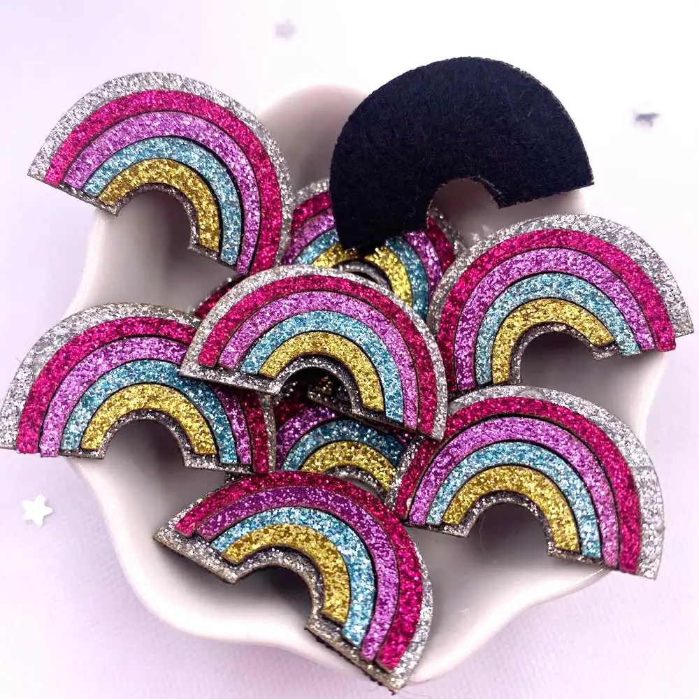 10pcs Felt Fabric Glitter Bepowder Cartoon Kawaii Colorful Rainbow Patch Applique Sewing DIY Hair Bow Craft Handmade Supplie