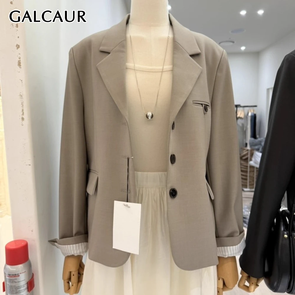 

GALCAUR однотонный шикарный пиджак с карманами, женский свободный повседневный пиджак с лацканами и длинными рукавами, женские пиджаки, осенний стиль, модная новинка