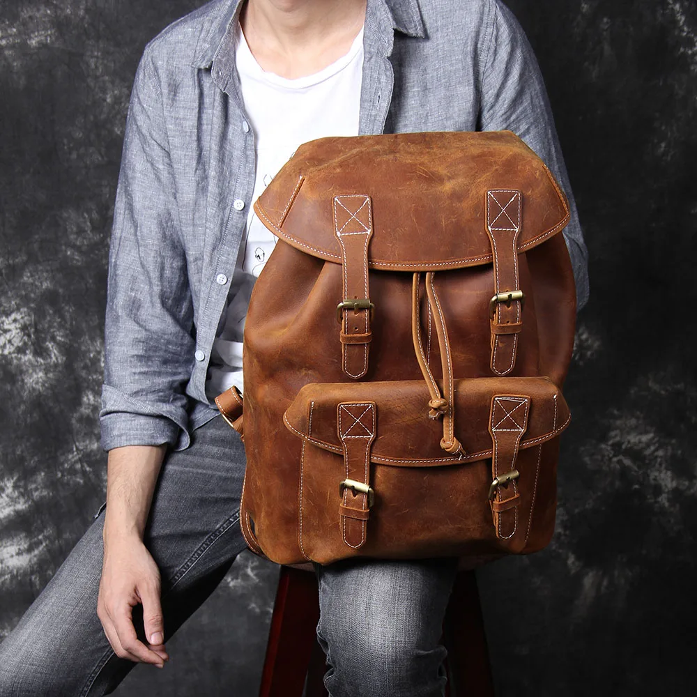 S.WORKER Vintage Echtleder-Rucksack für Herren, Reise-Vintage-Crazy-Horse-Schultasche, Große Laptop-Schultertasche aus Rindsleder für Männer – Detail 5