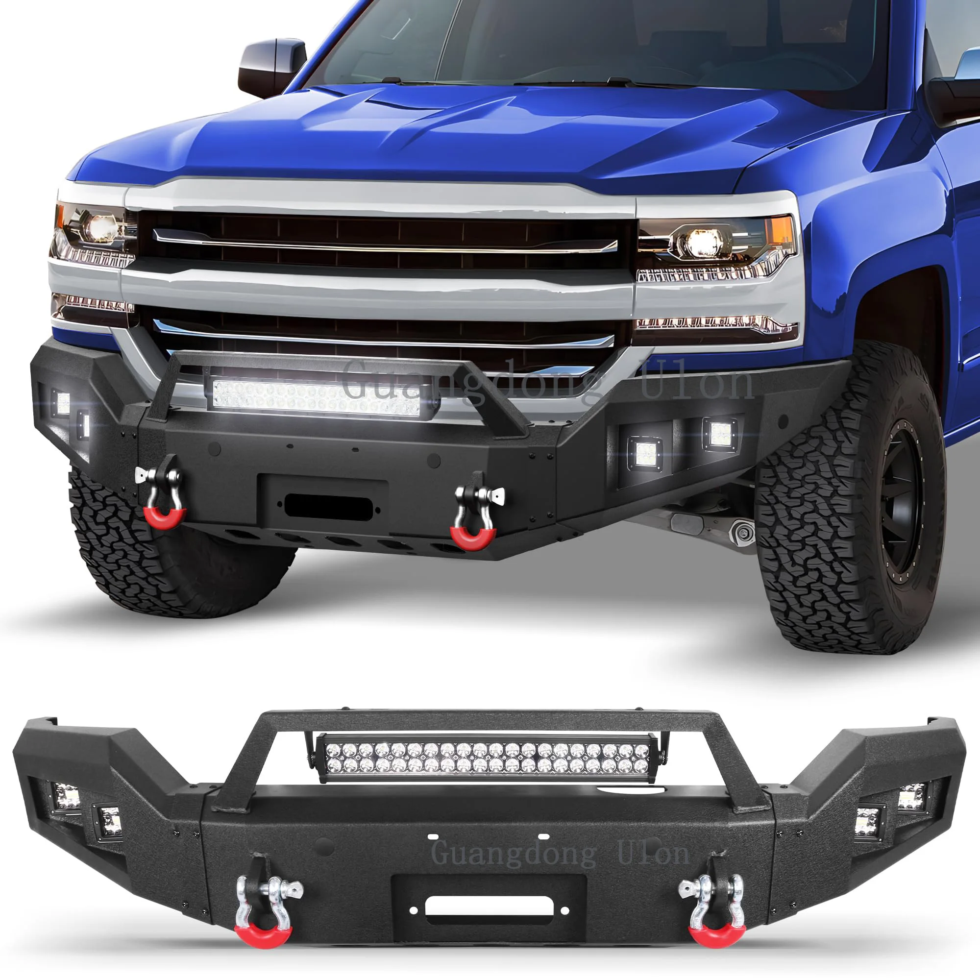 

Front Bumper with Winch Plate for 2016-2018 Silverado 1500, with D-rings, 144W Long Light Bar, License Plate Bracket