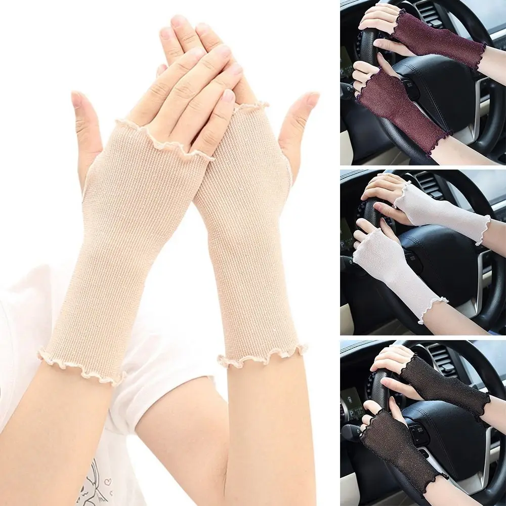 

New Elastic Women Sunscreen Gloves Thin Anti-UV Summer Fingerless Gloves Ruffle Sun Protection Hand Cover Cycling Driving