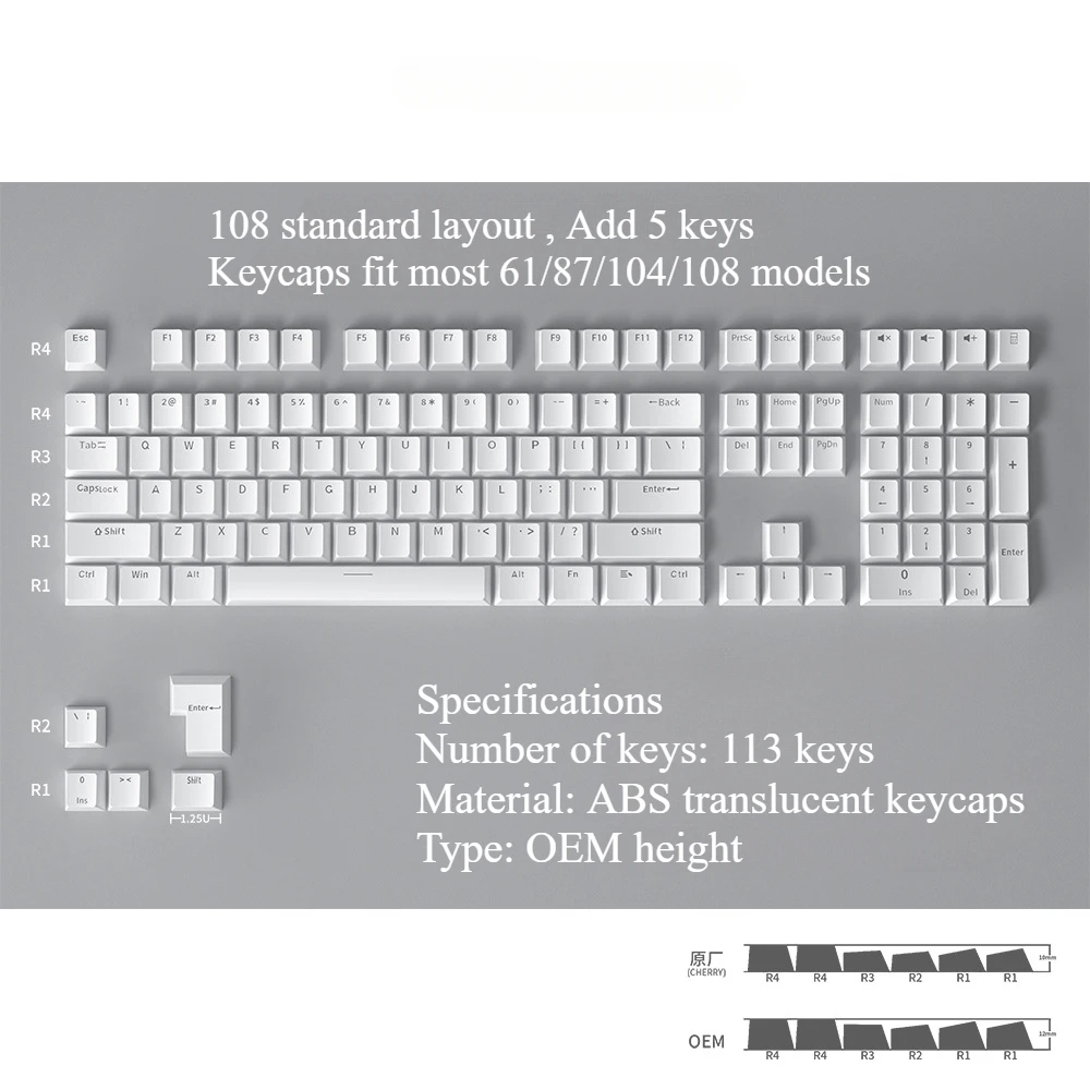 Keyboard Keycaps 113 Keys Caps ABS Translucent OEM Profile Keycap Keyboard Accessories for Office Home