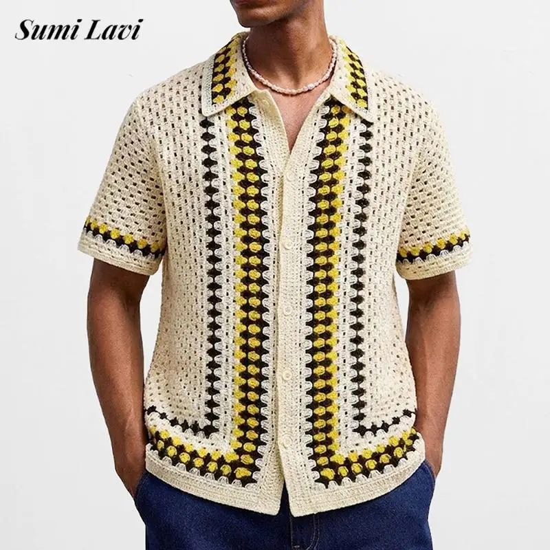 

Винтажная мужская трикотажная рубашка с коротким рукавом, отложным воротником и пуговицами, повседневная рубашка для весны и лета, мужская модная полосатая рубашка