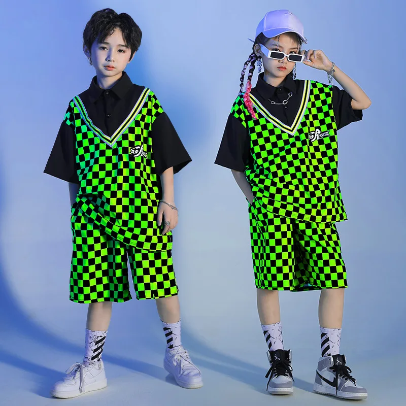 Kid Kpop Hip Hop Clothing Green Checkered Lapel Oversized T Shirt Top Summer Shorts for Girl Boy Jazz Dance Costume Clothes Set