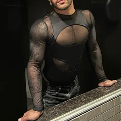 INCERUN-monos de manga larga con cuello redondo para hombre, camisetas transparentes, monos sexys ahuecados, S-5XL, 2023