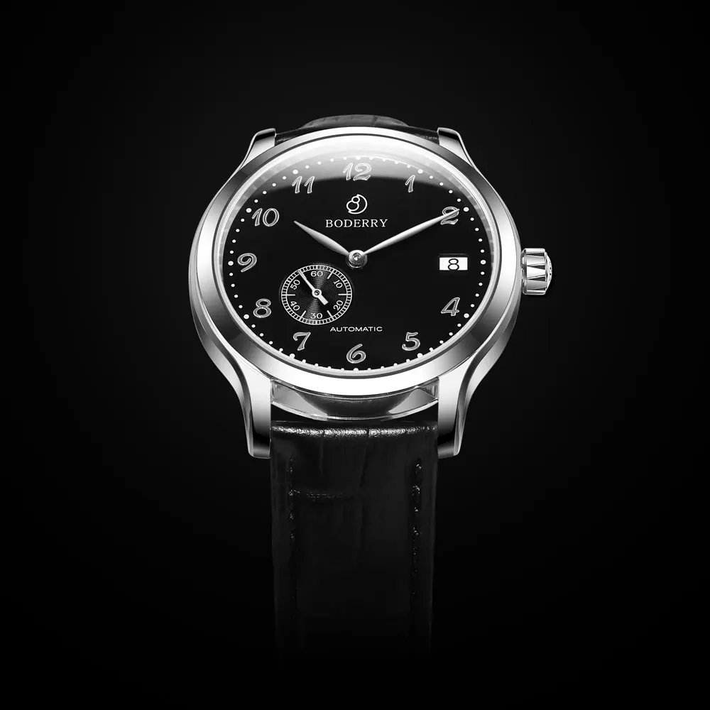 BODERRY, relojes de lujo para hombre, reloj automático, reloj de pulsera mecánico, resistente al agua hasta 50m, correa de cuero con espejo de zafiro, Rotor pequeño