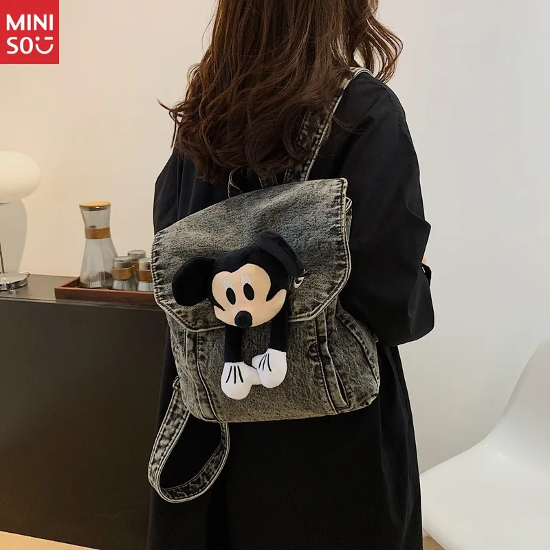 

Disney Denim Plush Backpack | Cute Plush Keychain, Large Washed School Bag