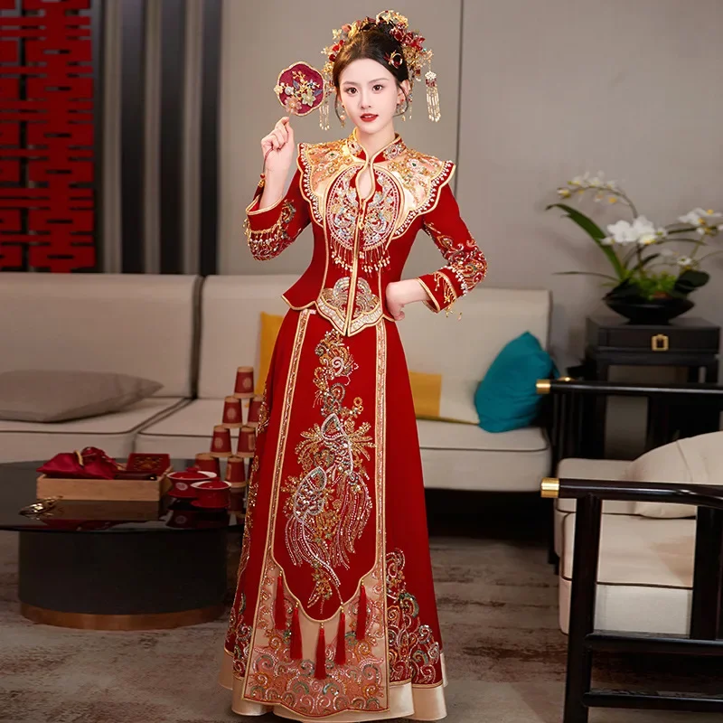 

Yourqipao Velvet Xiuhe Clothing 2023 Chinese Traditional Bridal Wedding Dresses Dragon and Phoenix Gown Sets For Plus Size Women