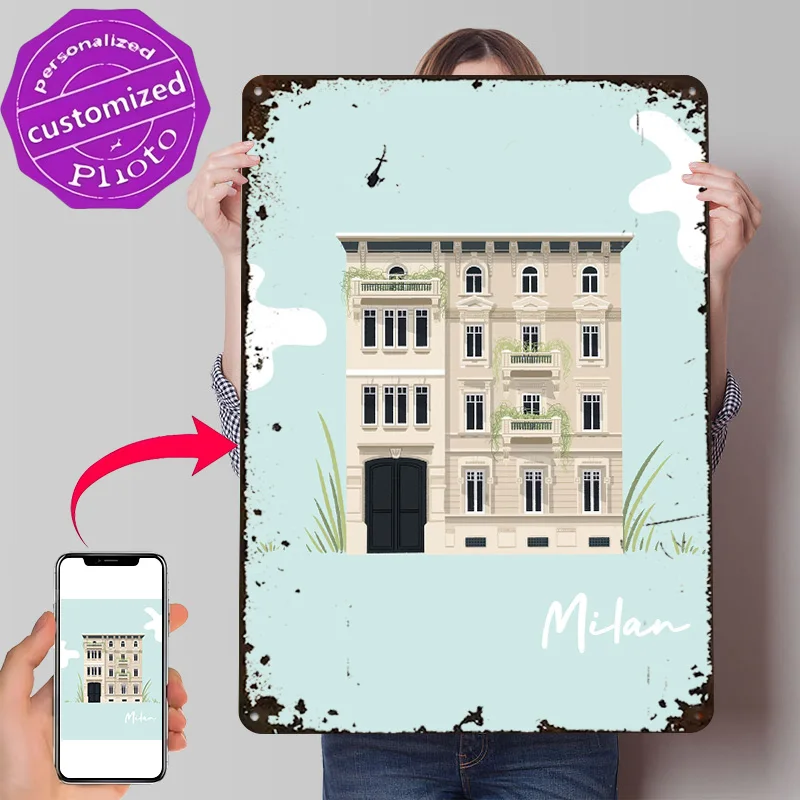 Milan Illustration Personalized 3D Textured Metal Poster Wall Art Vintage Tin Signs for Desk Decor Room Bedroom Accessories Home