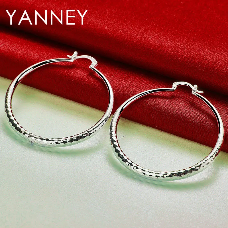 925 Sterling Silver 50MM Fine Shiny Round Large Earrings For Women Charm Wedding Party Fashion Girlfriend Jewelry Accessories