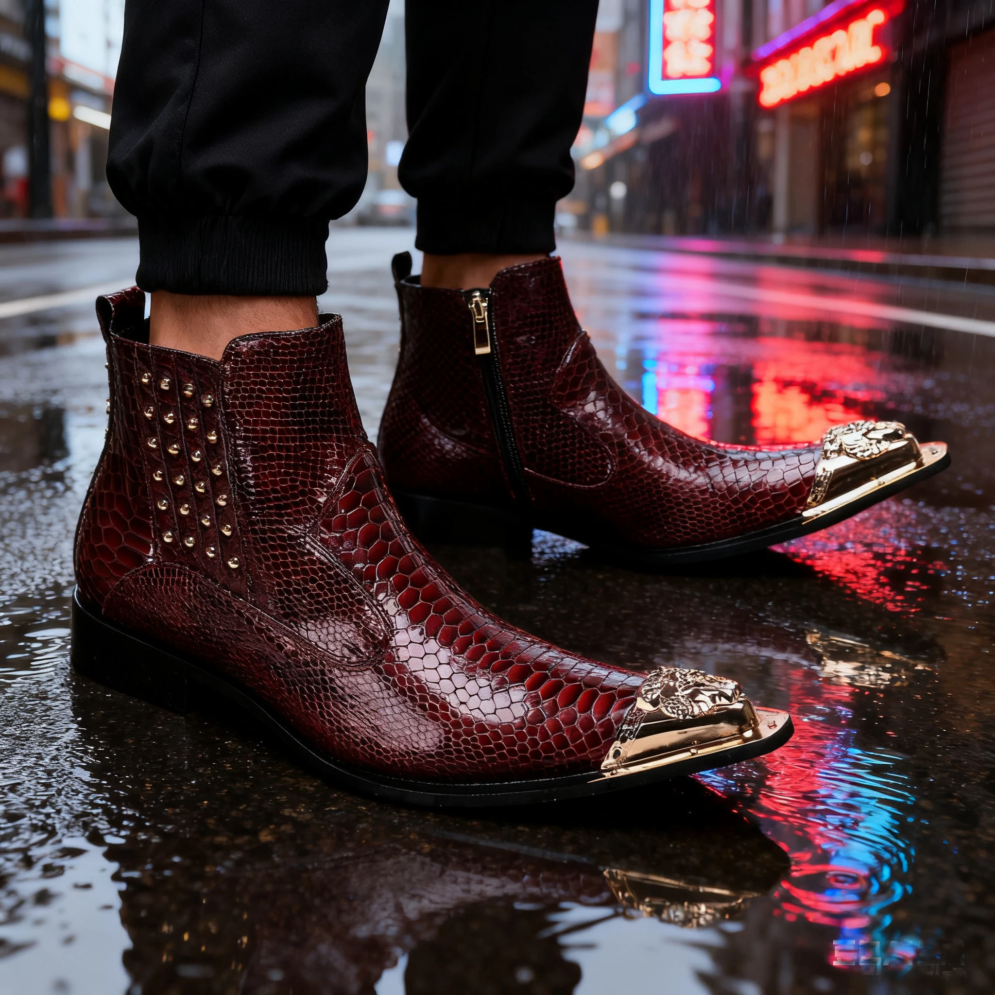 Punk Retro Snake Skin Ankle Boots Men's Metal Pointed Toe Rivet Dress Shoes Luxury Rock Style Party Casual Footwear