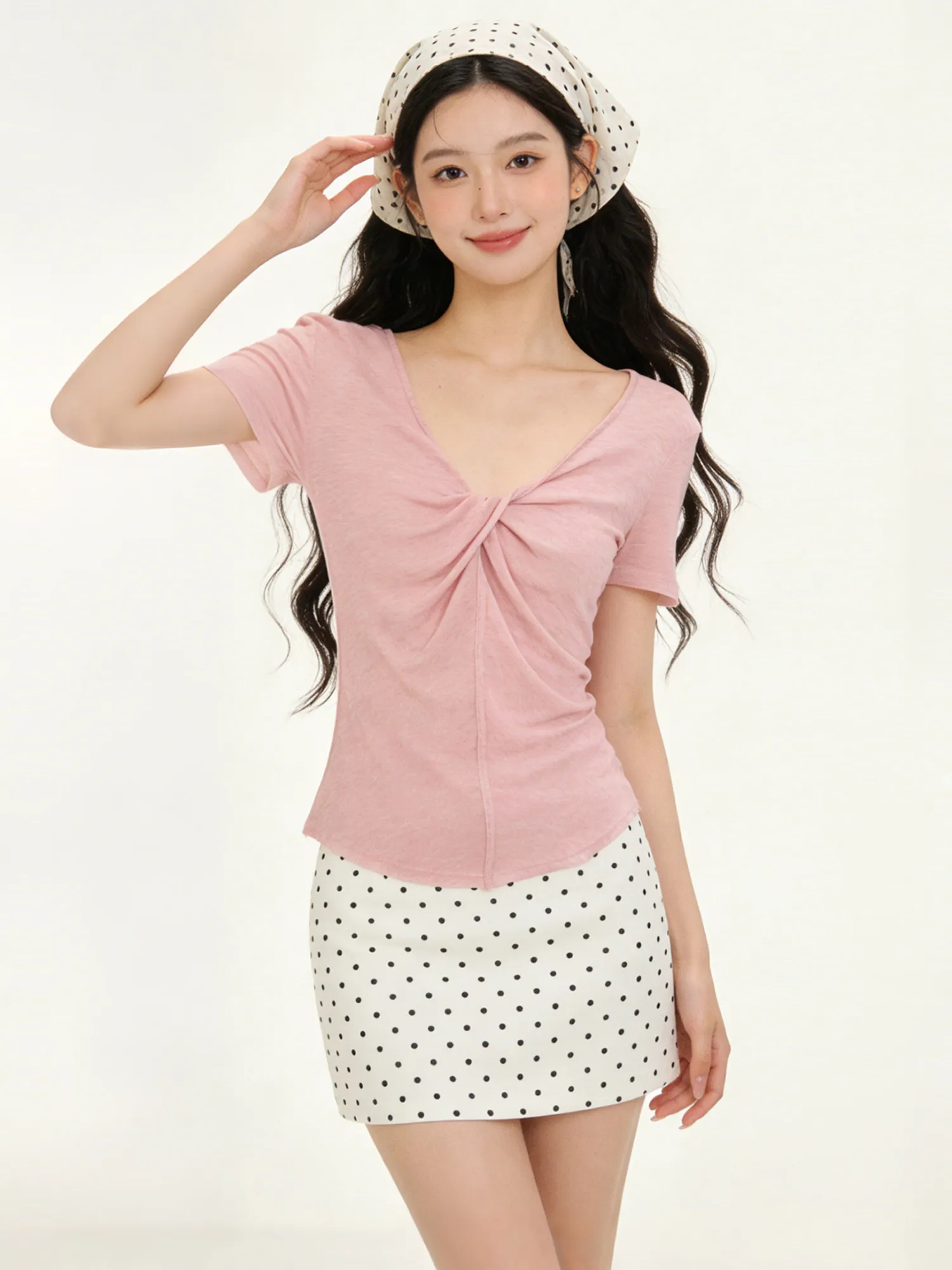 Lace V-neck Short Sleeve T-shirt Women's Summer Chic Korean Style Wool Lyocell Twist Pleated Top Slim Fit Basic Style