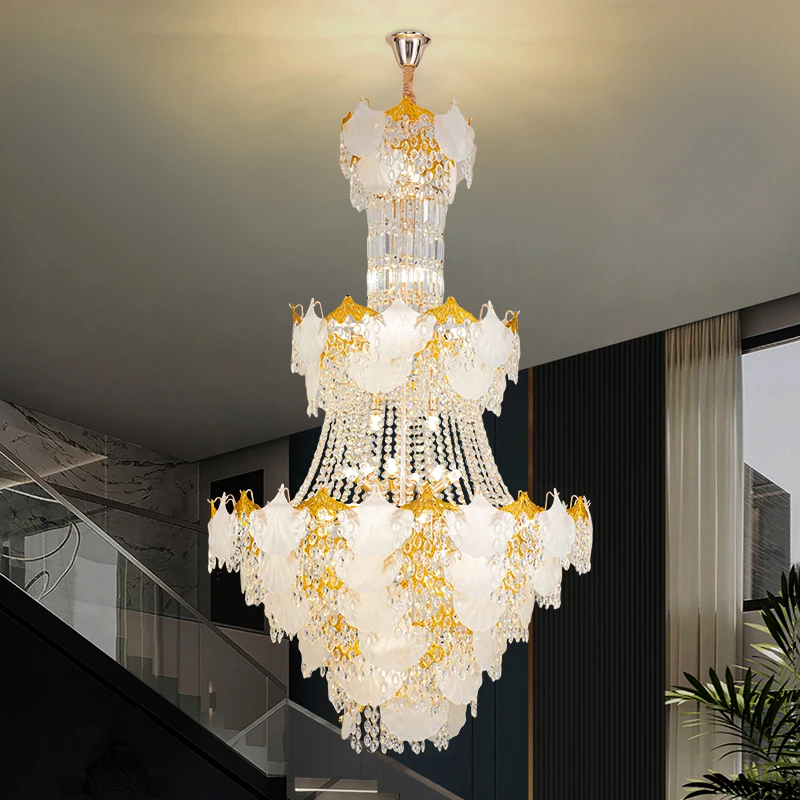 Luxury Villa With Empty Crystal Chandelier Duplex Building High-end Light Luxury High-end Feeling Spiral Staircase LOFT Lighting